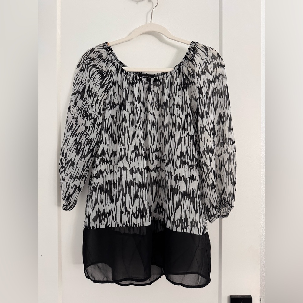 AB Studio Women's Sheer Black and White Patterned Top